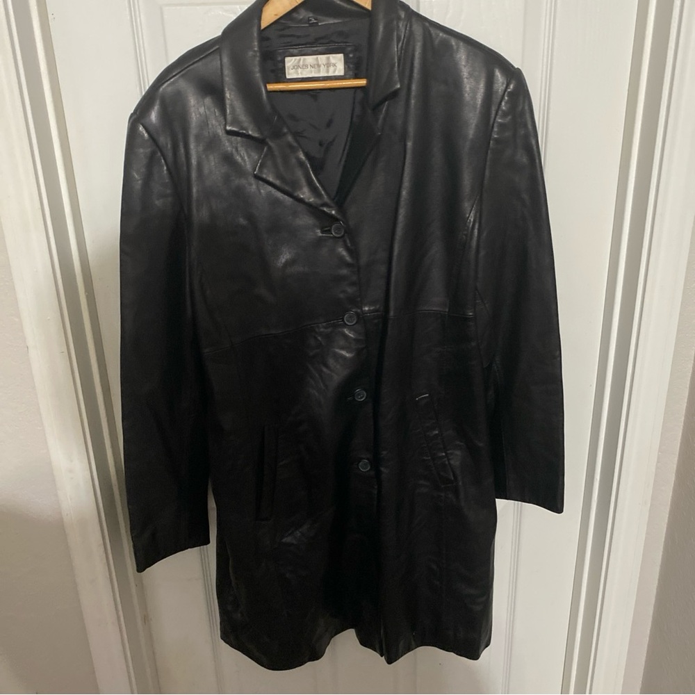 Jones New York Leather Jacket Womens XL Black Long Blazer Vintage 90's 4 Button